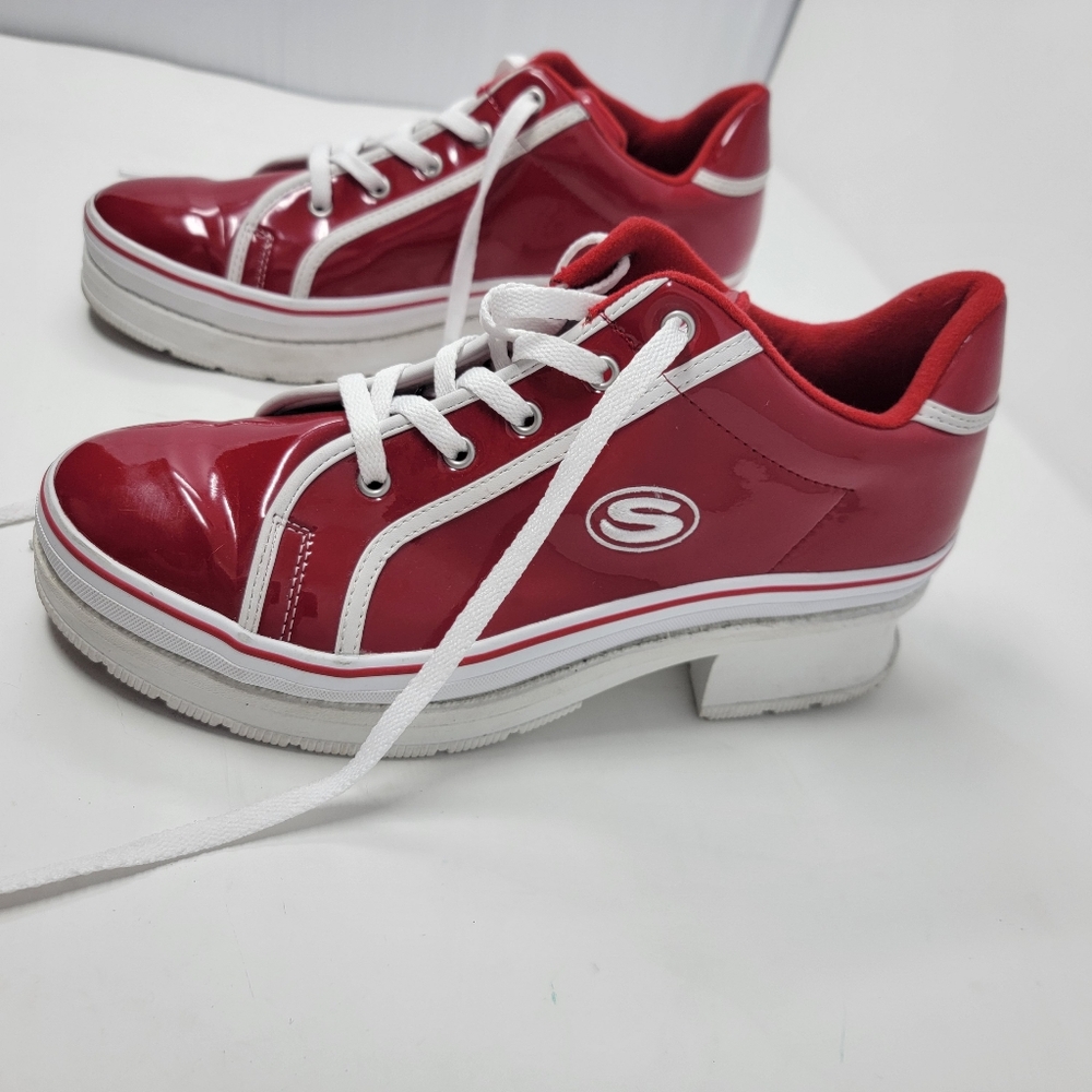 Skechers Heartbeats Loud Sneakers Women 9.5 Shiny Red White Y2K Chunky Heel - Picture 5 of 8